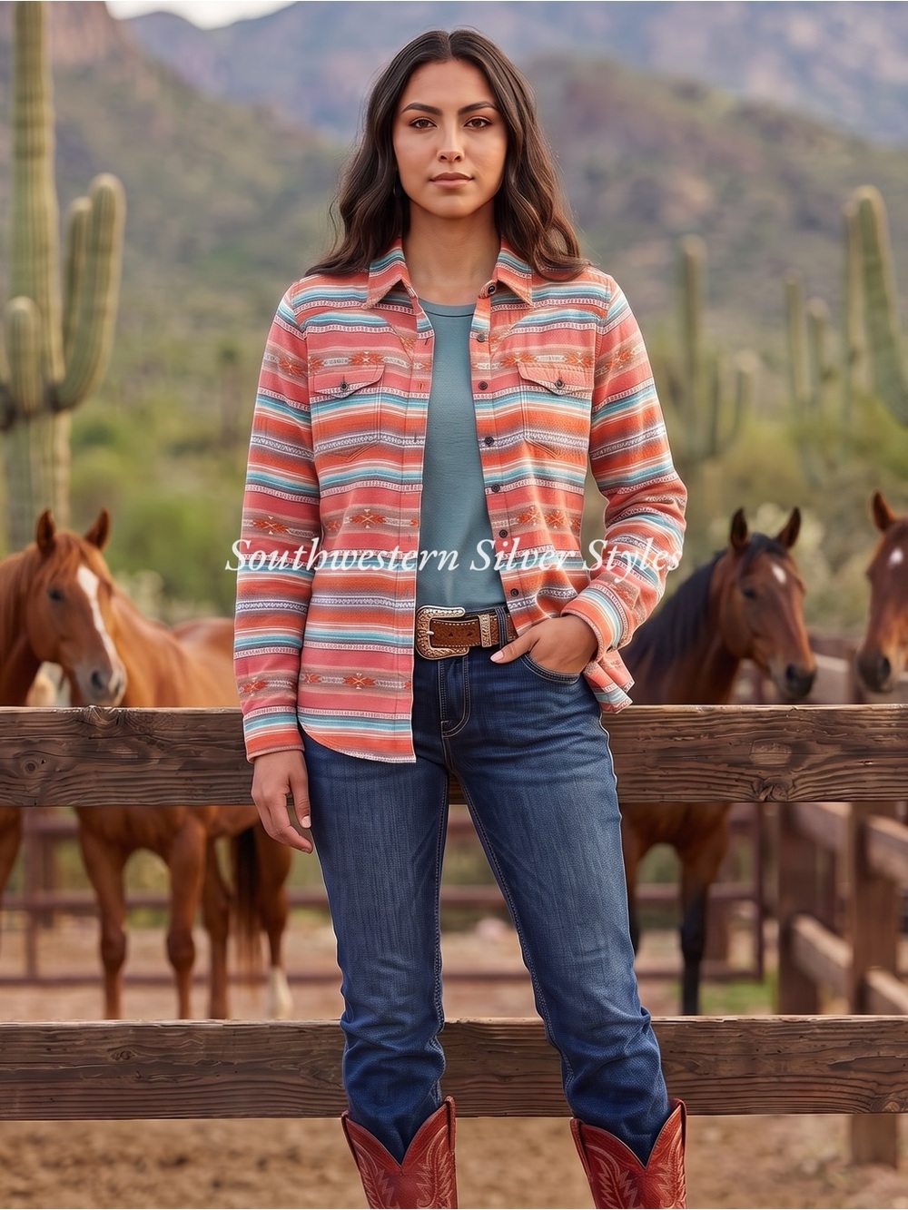 Ariat Southwestern 100% Cotton Coral White Teal Serape Strip Women’s XXL Shirt